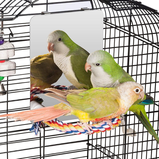 7 Inch Stainless Steel Bird Mirror with Rope Perch, Bird Toys Swing