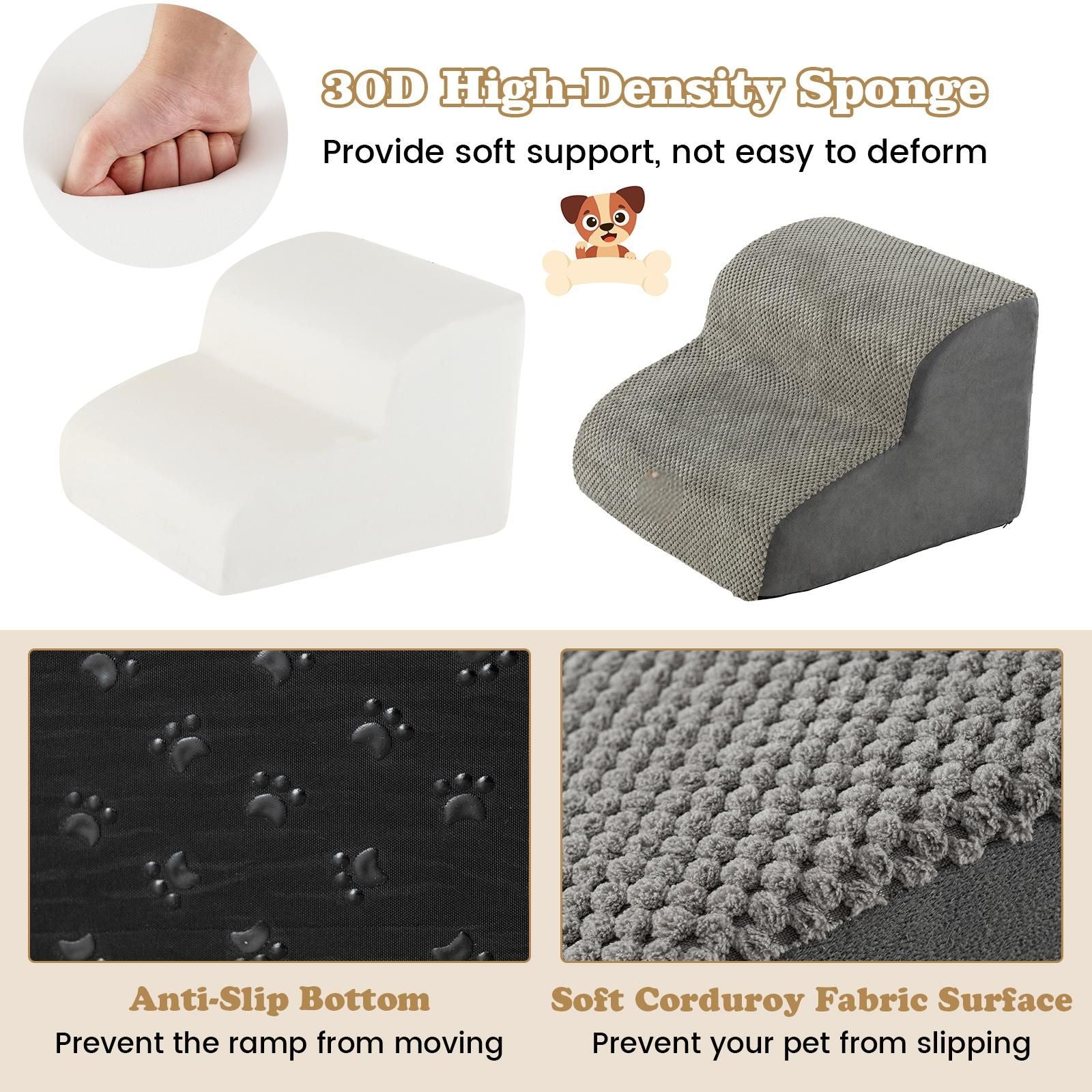 2-Tier Dog Ramp Pet Stairs with Washable Cover and High-Density Foam