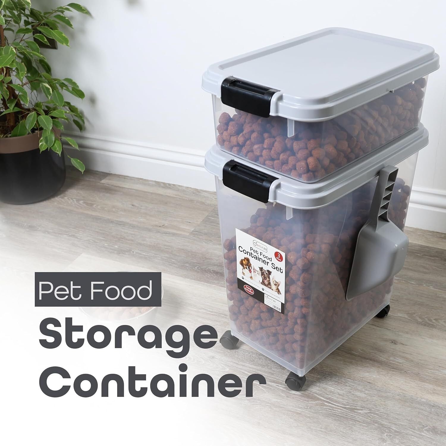 3 Pcs Airtight Pet Food Storage Container with Plastic Measuring Scoop for Pets