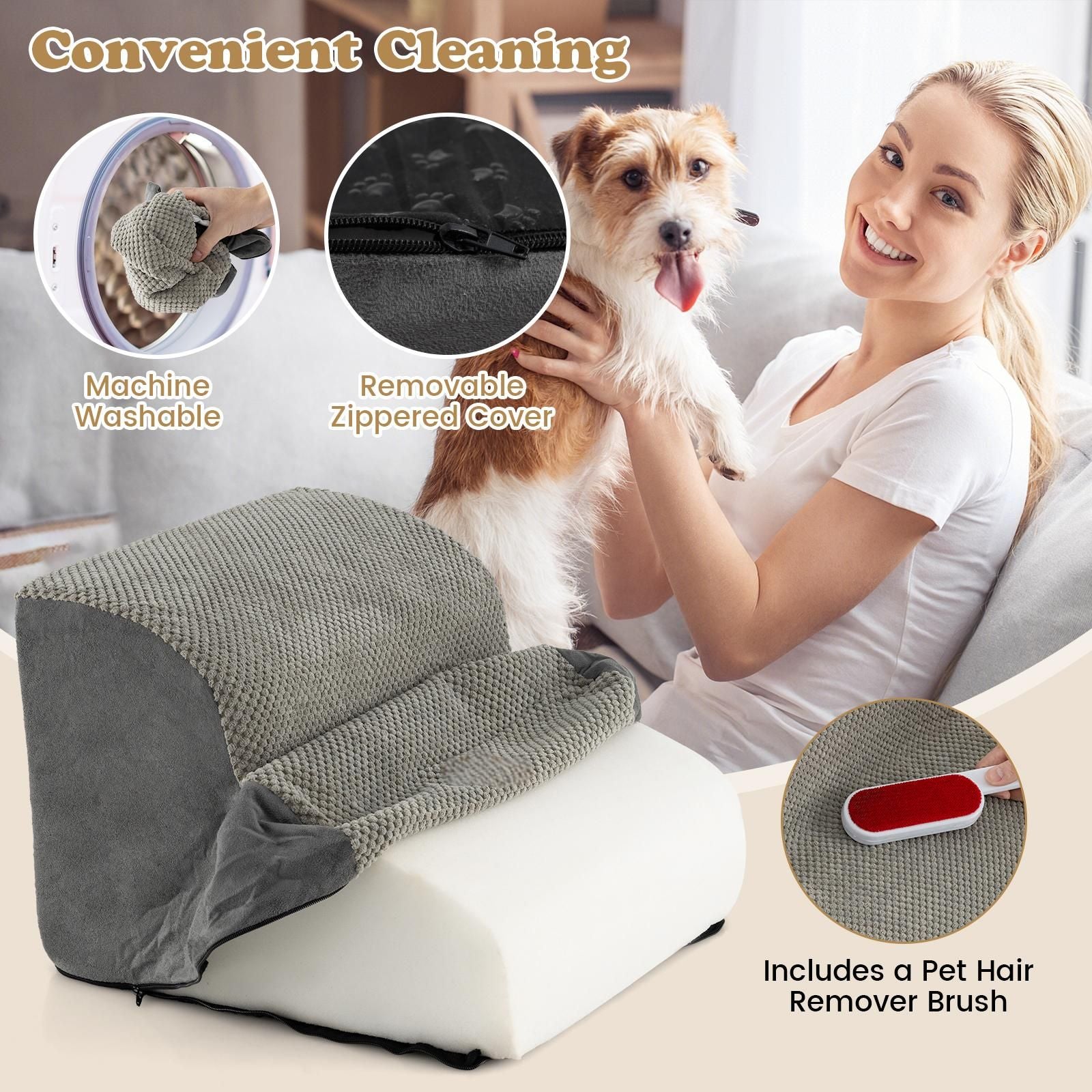 2-Tier Dog Ramp Pet Stairs with Washable Cover and High-Density Foam