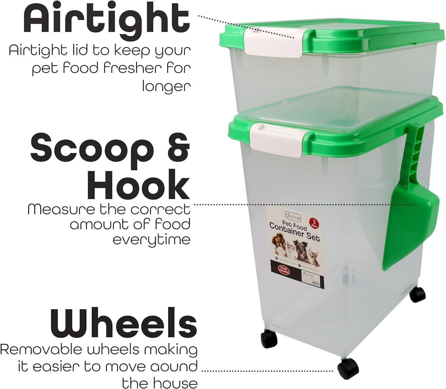 3 Pcs Airtight Pet Food Storage Container with Plastic Measuring Scoop for Pets