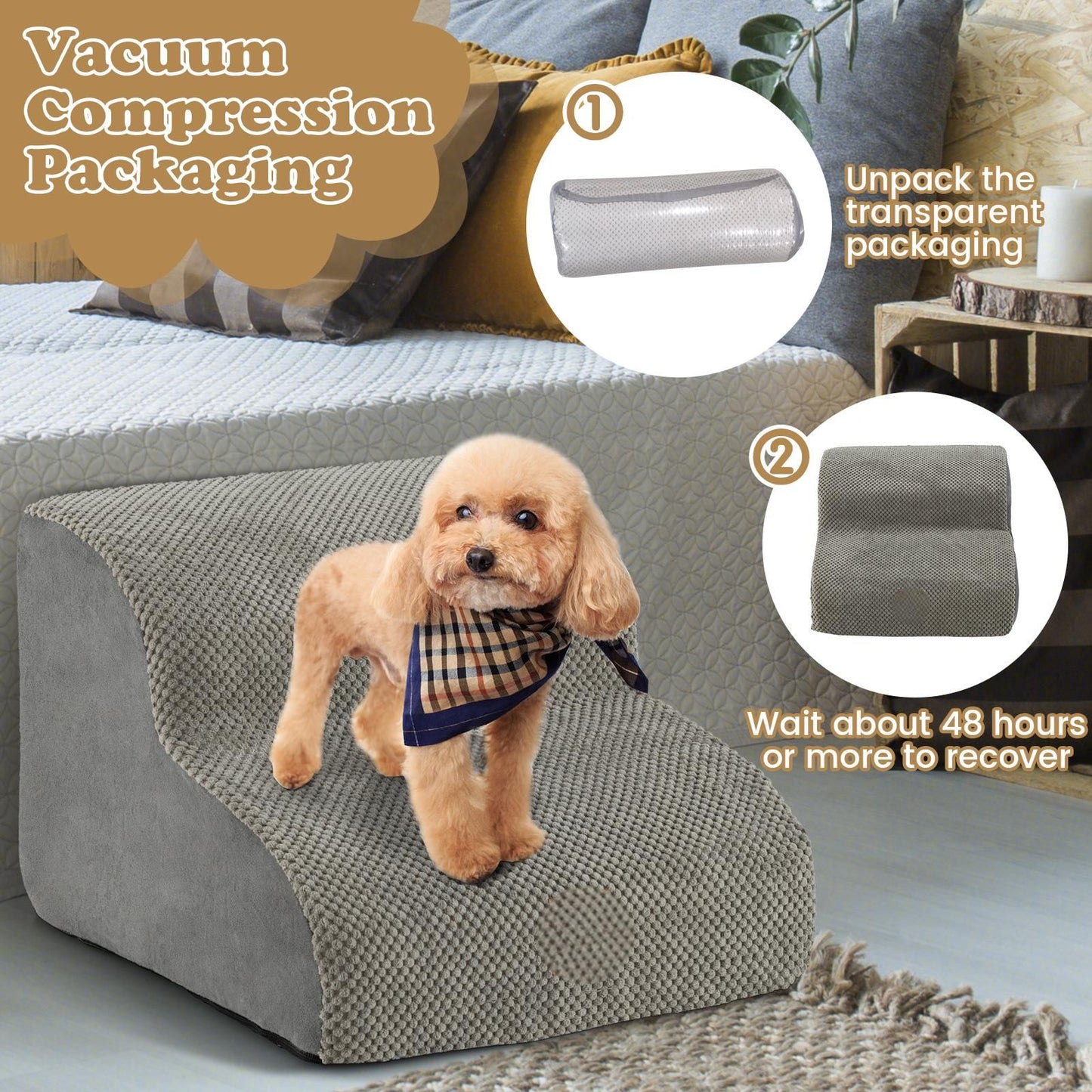 2-Tier Dog Ramp Pet Stairs with Washable Cover and High-Density Foam