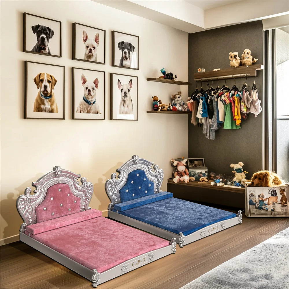 Stunning Large Dog Bed with Headboard Thicken Soft Dutch Velvet Pet Sofa Bed Elevated Frame Pet Lounge Bed for Medium Large Dogs