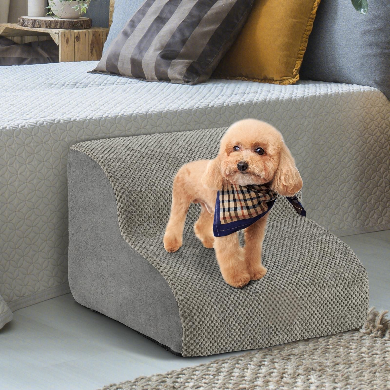 2-Tier Dog Ramp Pet Stairs with Washable Cover and High-Density Foam