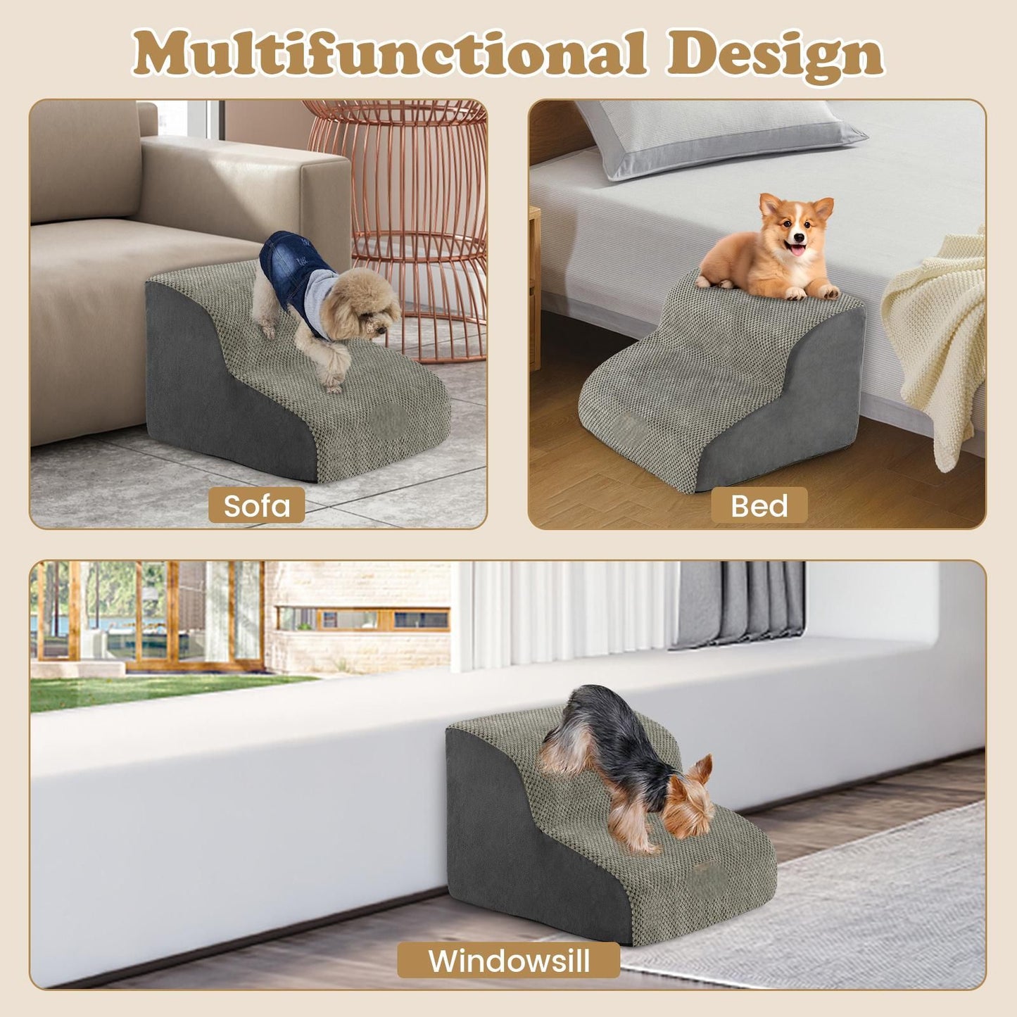 2-Tier Dog Ramp Pet Stairs with Washable Cover and High-Density Foam