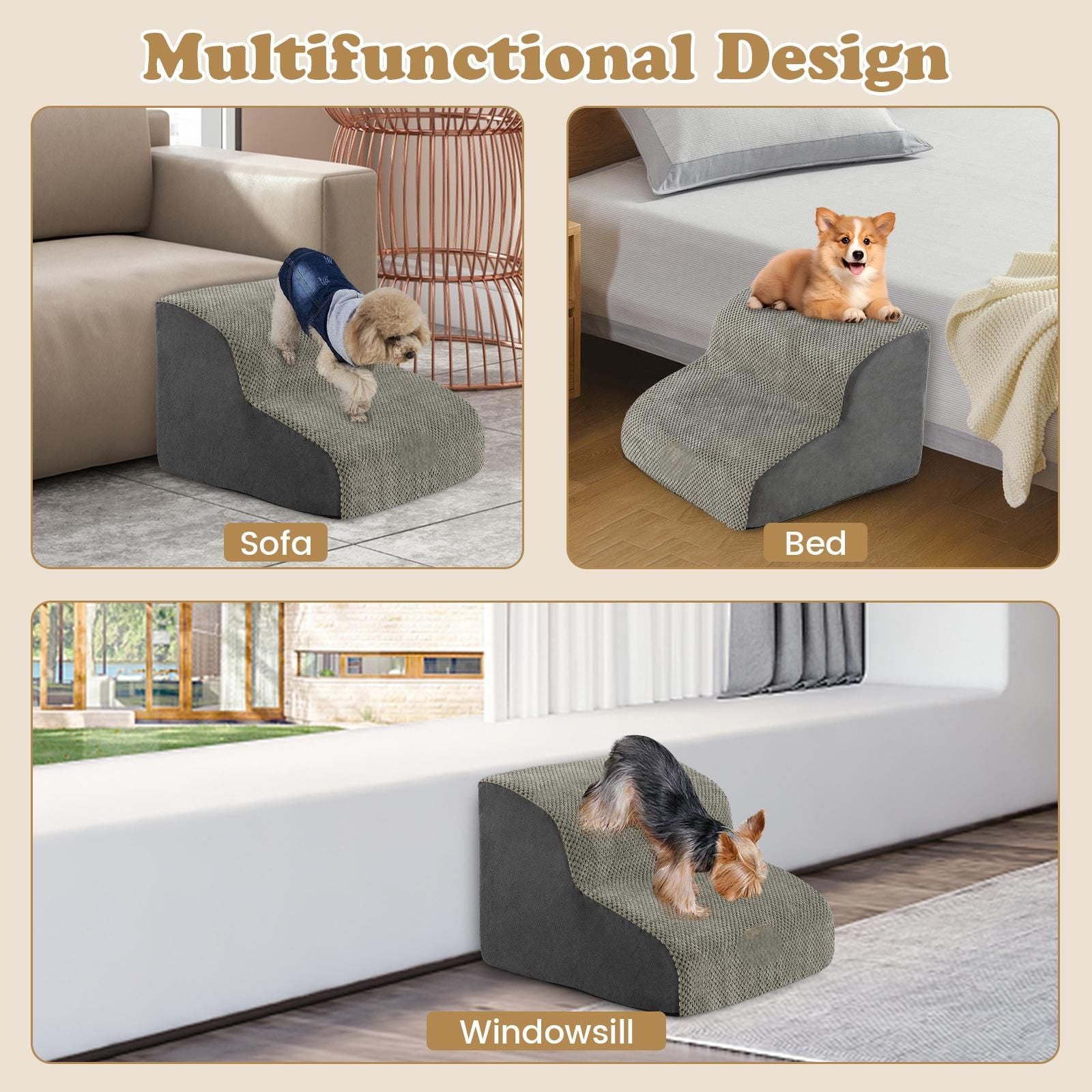 2-Tier Dog Ramp Pet Stairs with Washable Cover and High-Density Foam