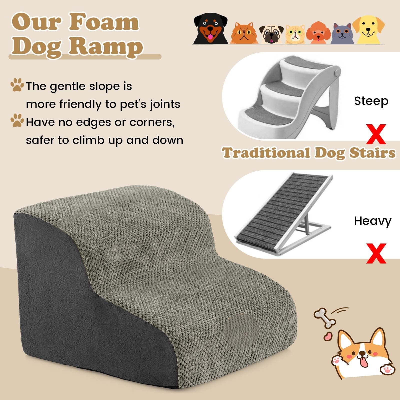 2-Tier Dog Ramp Pet Stairs with Washable Cover and High-Density Foam