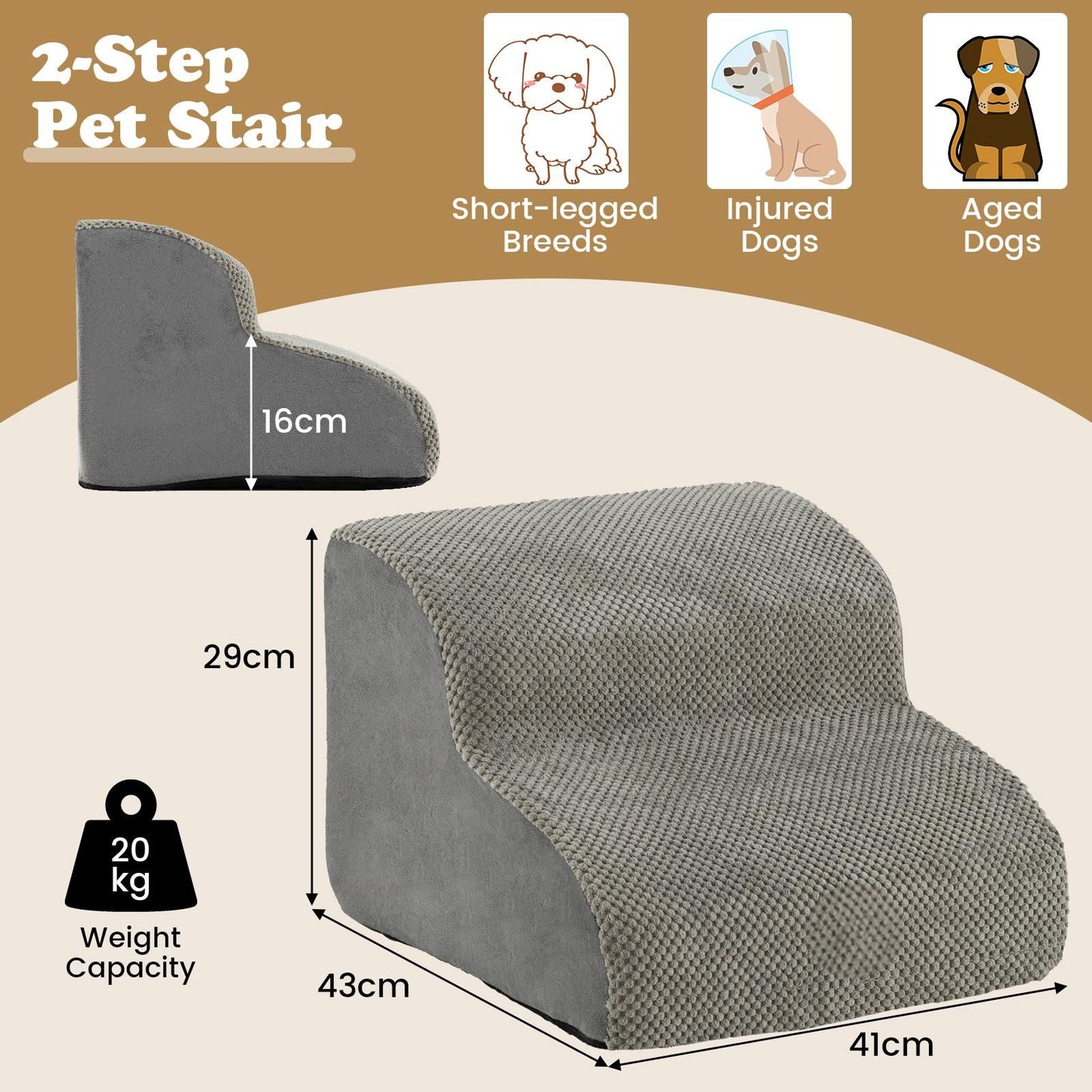 2-Tier Dog Ramp Pet Stairs with Washable Cover and High-Density Foam