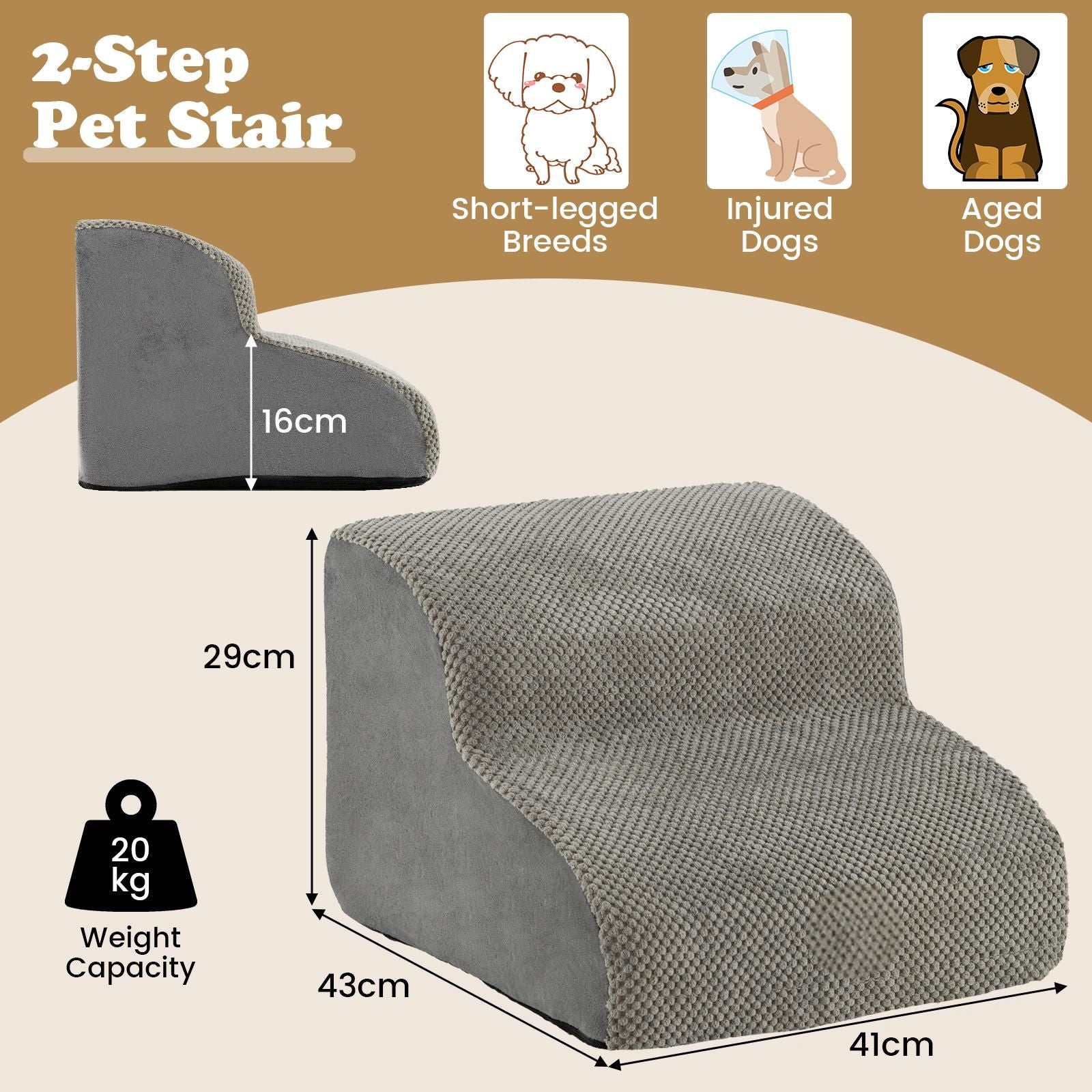 2-Tier Dog Ramp Pet Stairs with Washable Cover and High-Density Foam